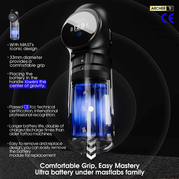 Mast Archer S ｜ Mast Tattoo Gun Archer S Super Fast Charging Wireless Pro Tattoo Pen Machine, 290g.cm Torque Powerful Brushless Mcore Motor, 4.2mm Strokes Length Compact for Tattoo Artists