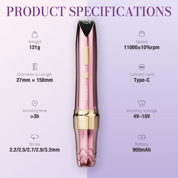 MAST P60 | Wireless Tattoo Pen Machine With 2.2MM-3.2MM Adjustable Strokes Permanent Makeup(With RCA adapter)